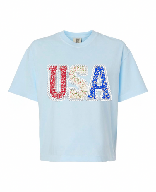 USA Faux Floral Lace Boxy Tee | 2 colors