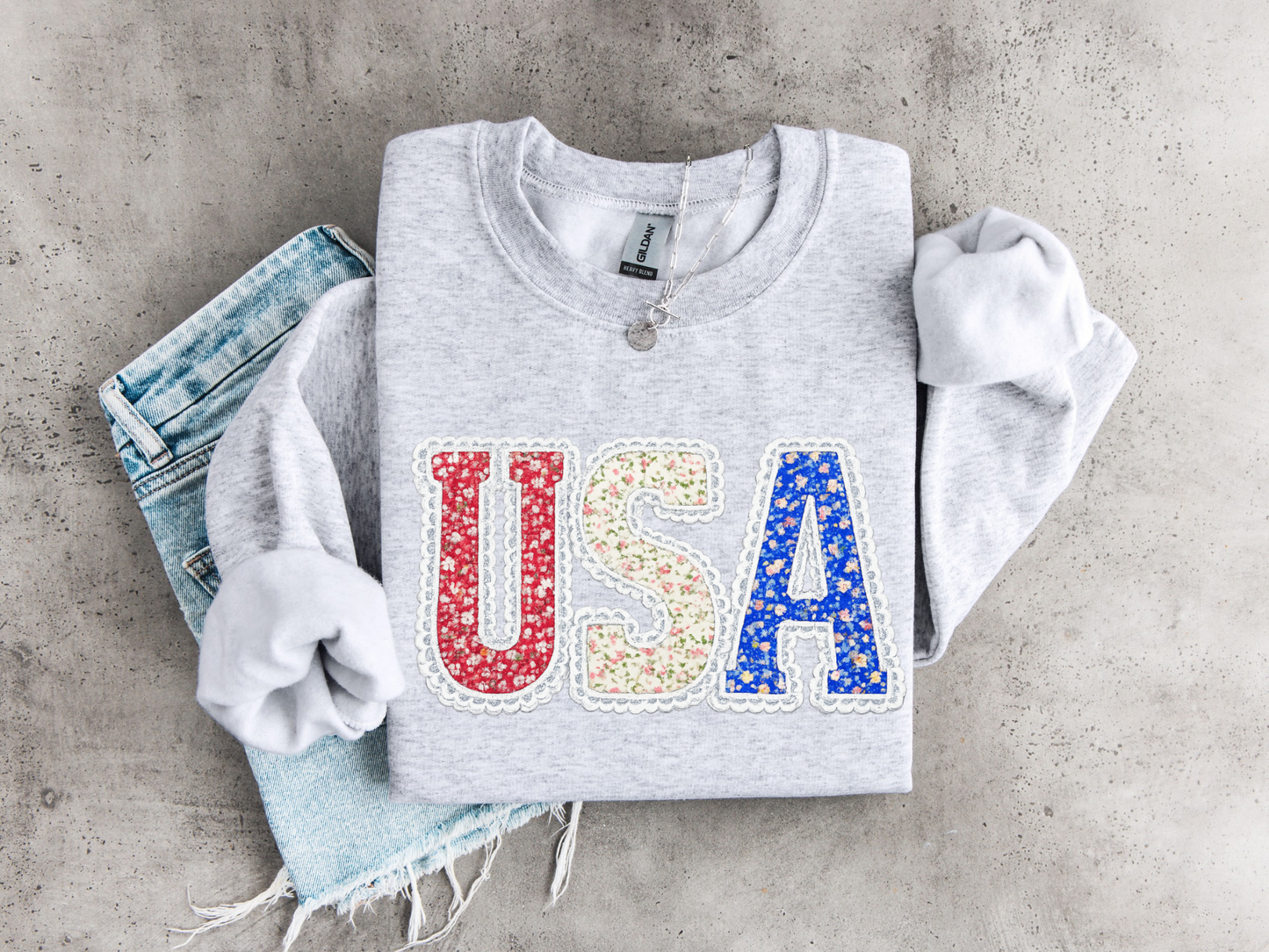 Faux Floral Lace USA Ash Crewneck