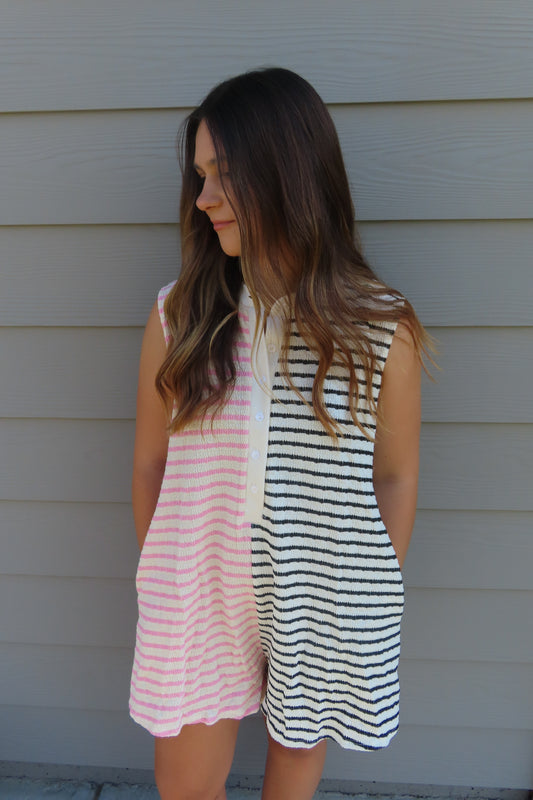 Pink & Black Striped Textured Romper