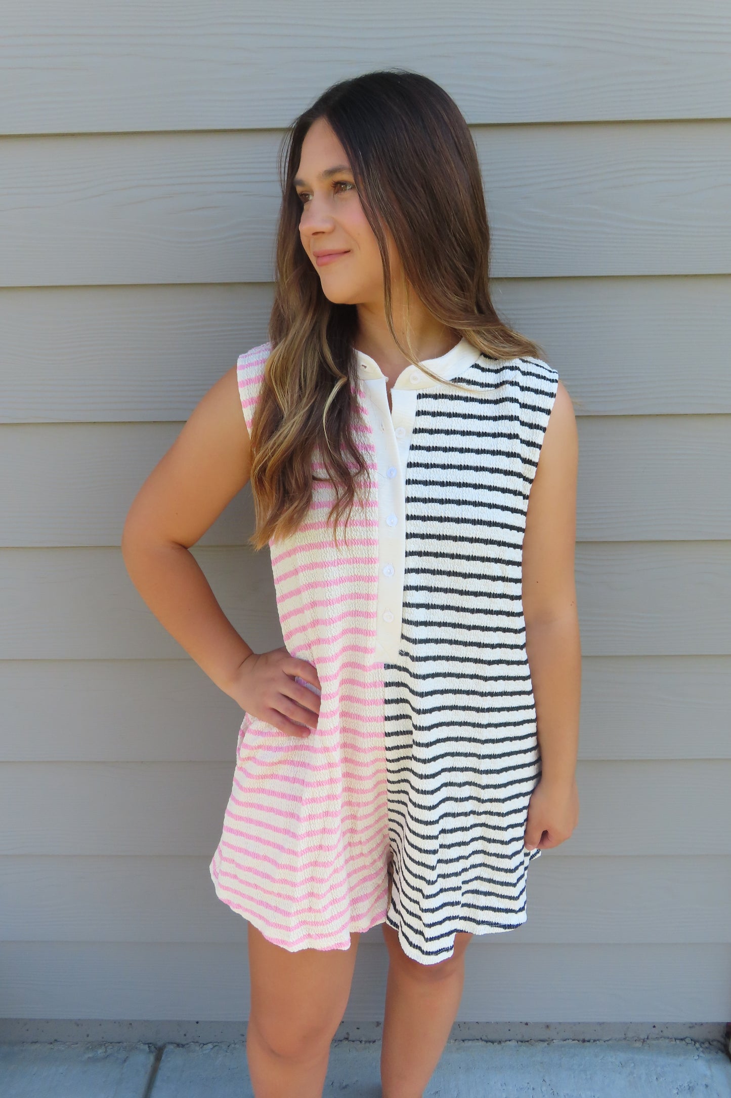 Pink & Black Striped Textured Romper